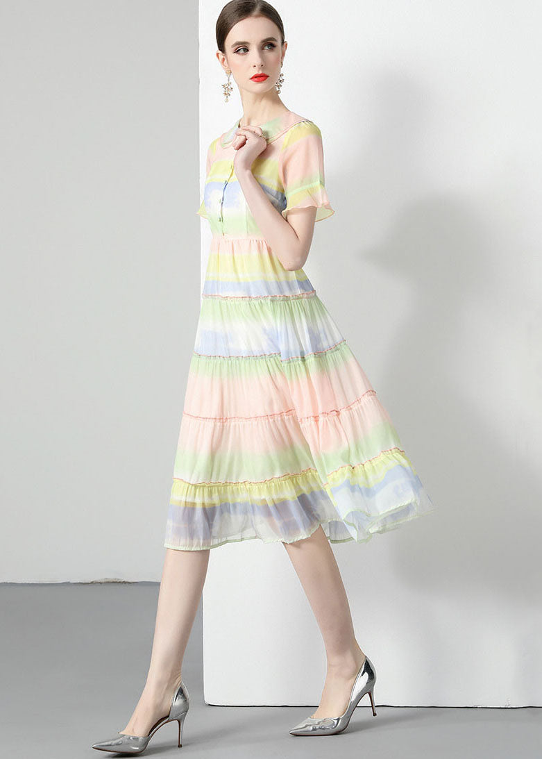 Tie Dye Stripe Peter Pan Collar Button Front Tiered Chiffon Midi Dress