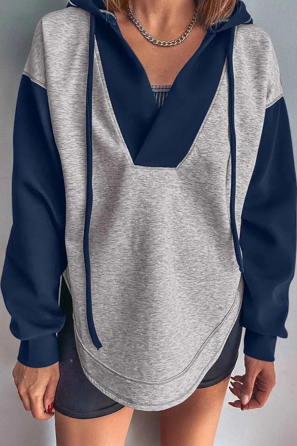Color Block Patchwork V Neck Drawstring Hoodie
