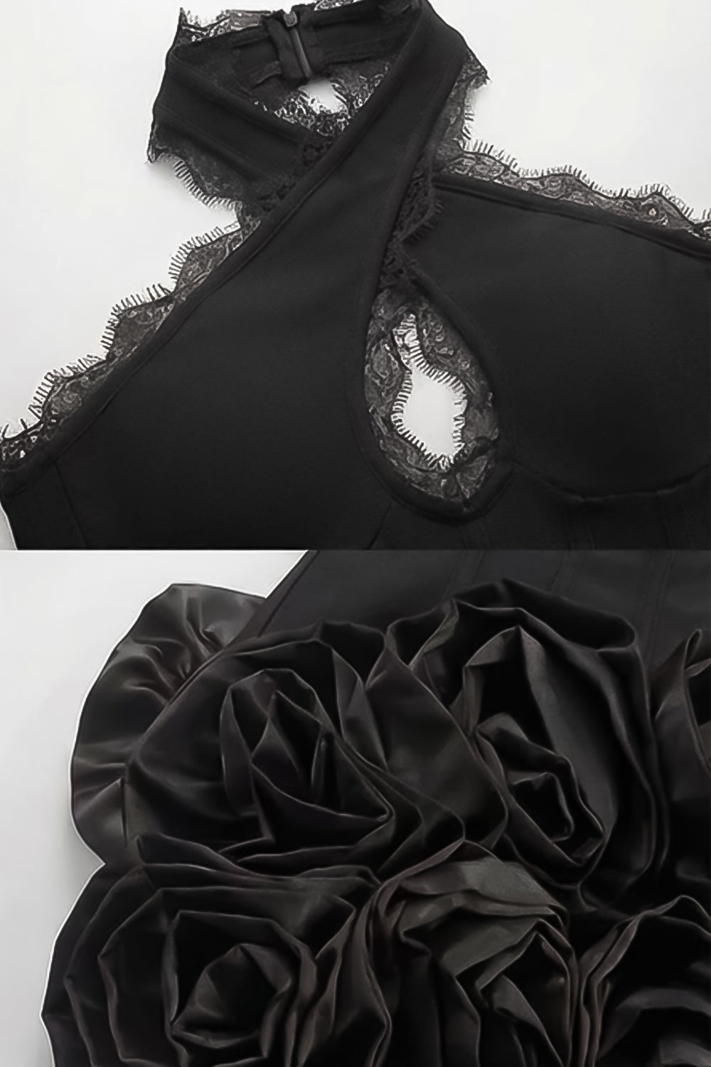 Cross Halter Neck Keyhole Lace Trim Corset 3D Rose Hem Mini Dress 6