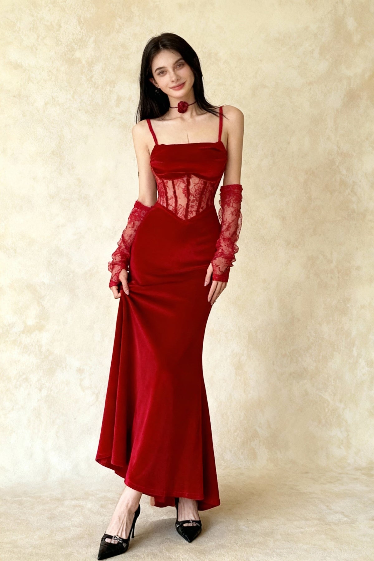 Velvet Lace Maxi Dress in Red - View 4