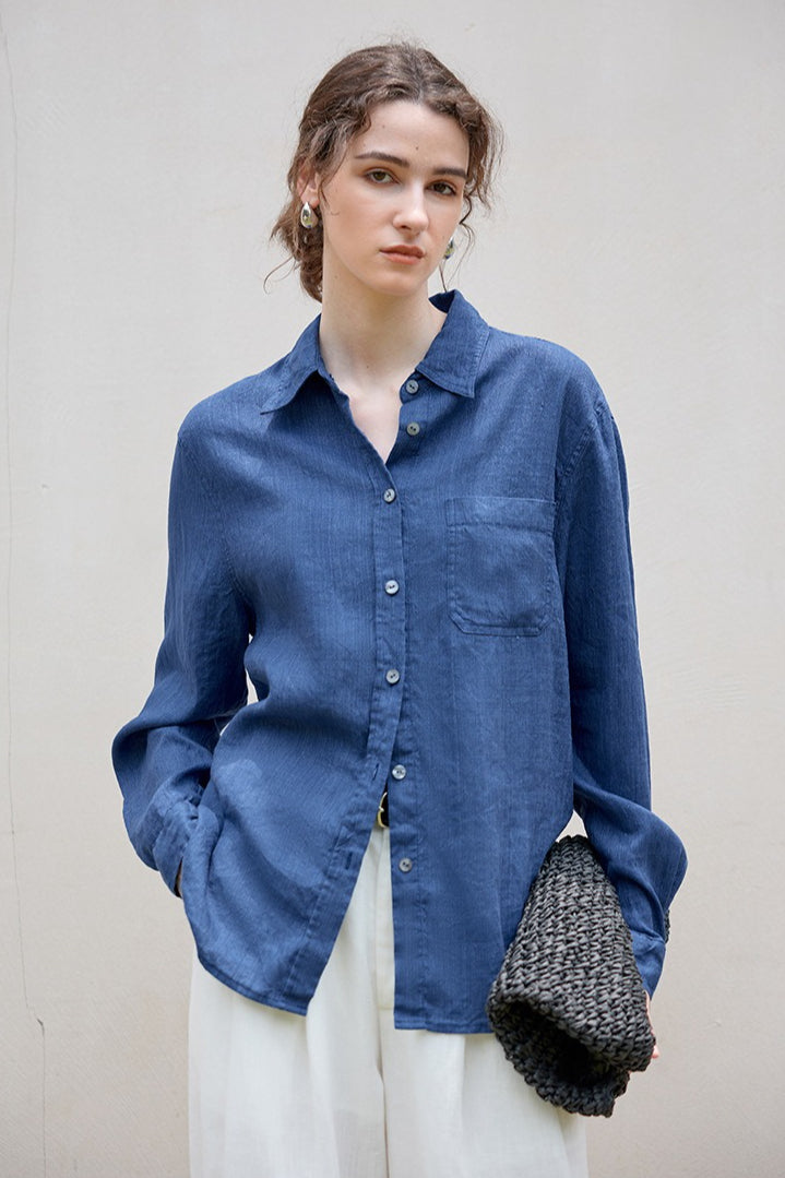 Linen Look Collared Long Sleeve Chest Pocket Button Front Shirt