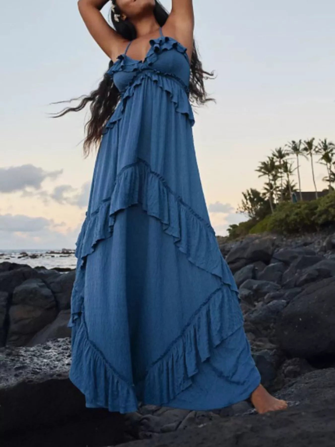Halter Neck Deep V-Neck Ruffle Tiered Backless Maxi Dress 4