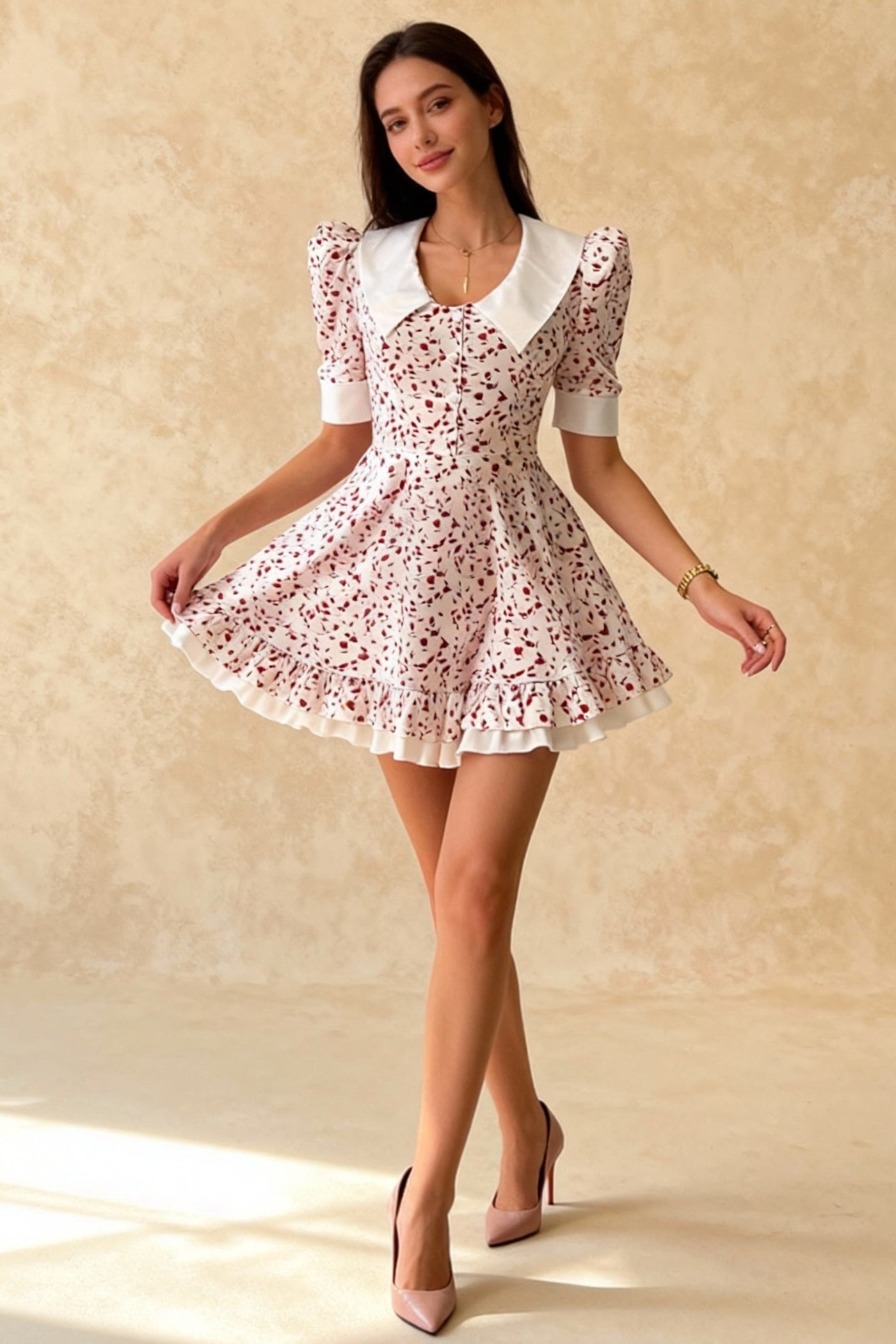 V-Neck Floral Puff Sleeve Babydoll Mini Dress
