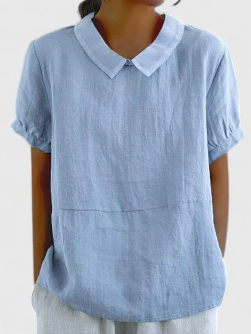 Contrast Collar Short Sleeve Linen Look Top