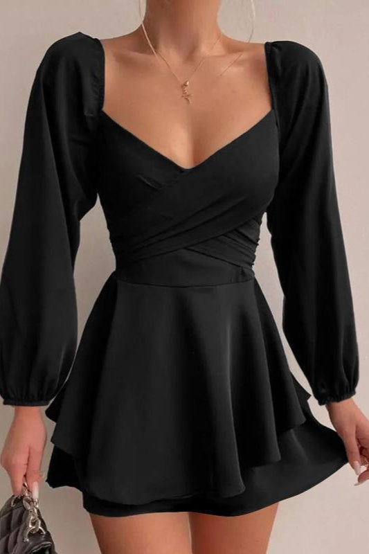 Deep V-Neck Wrap Ruched Balloon Sleeve Tiered Flared Mini Cocktail Dress