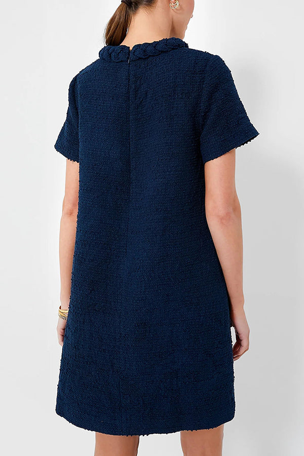 Tweed Braided Trim Faux Pocket Metallic Button Short Sleeve Shift Mini Dress