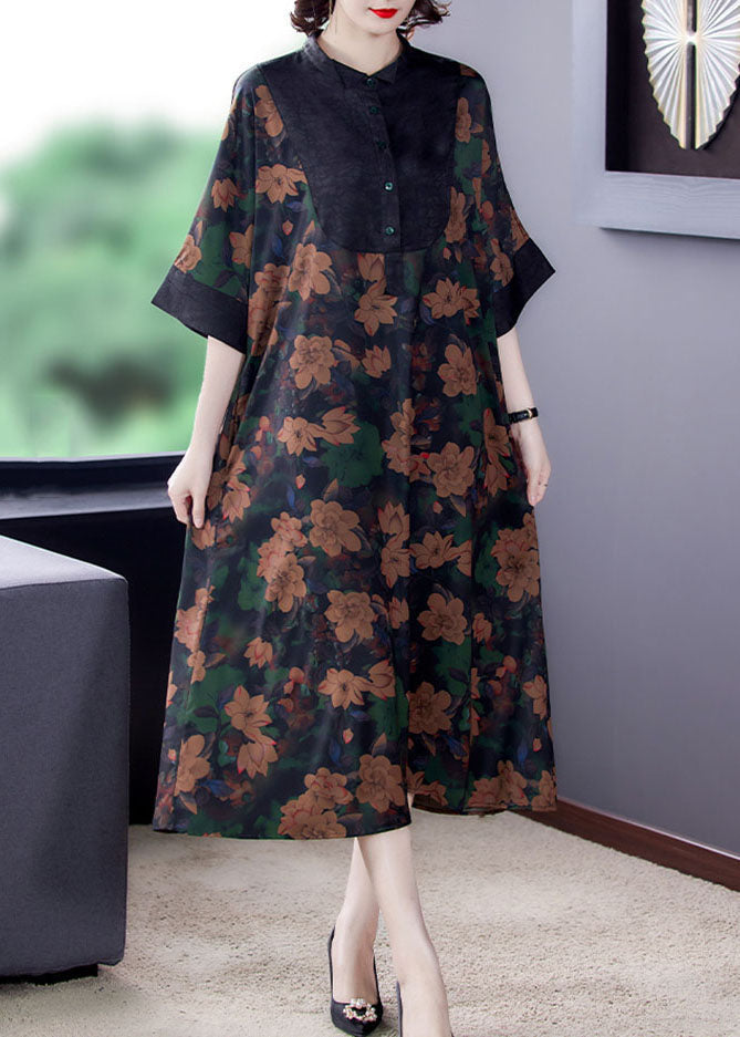 Floral Print Contrast Yoke Button Collar Wide Sleeve Contrast Cuff A-Line Midi Dress