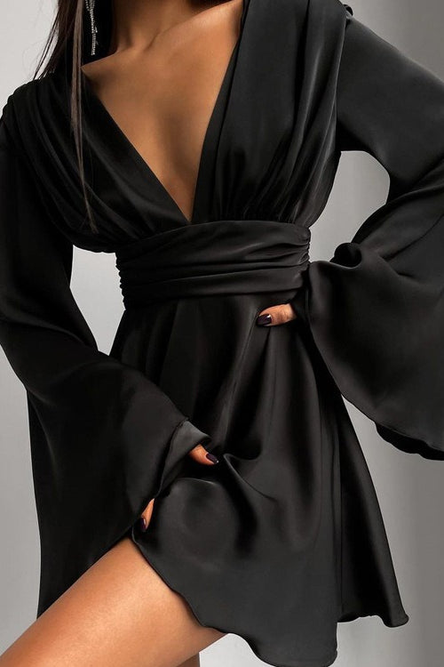 Satin Deep V Backless FlareSleeve Silk Dress