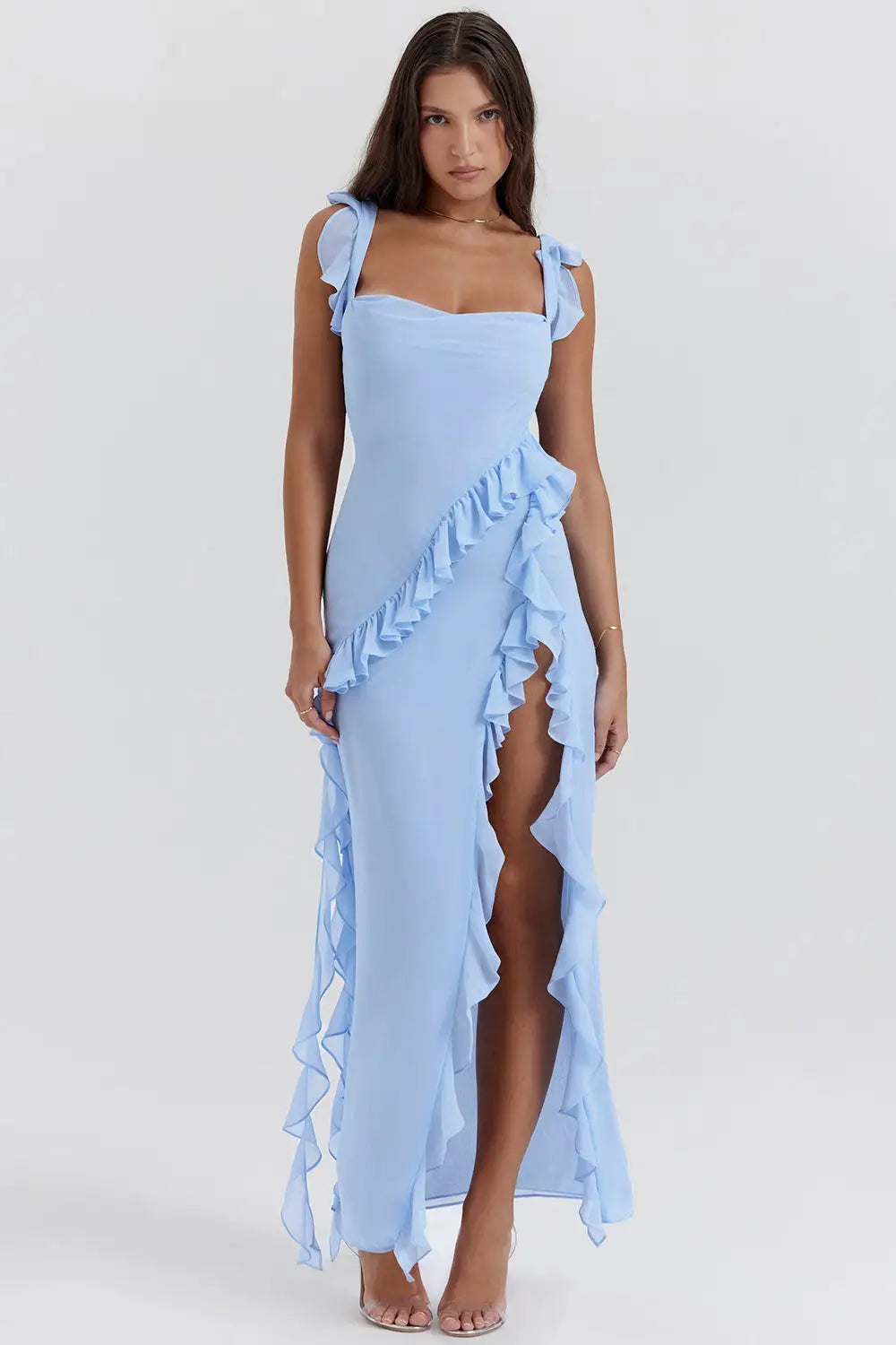 Chiffon Ruffle Strap Tiered High Split High Low Maxi Dress