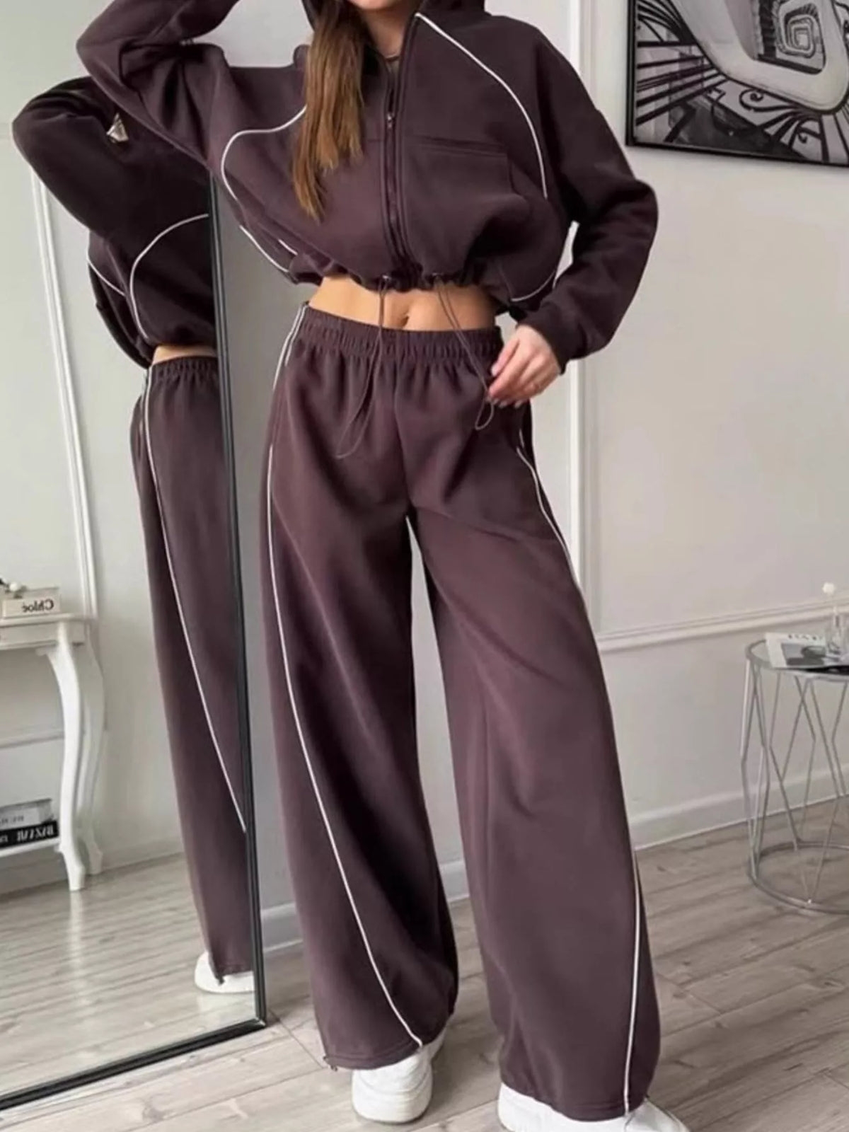 Fleece Zip Front Cropped Hoodie and Drawstring Hem Joggers Two Piece Set 15