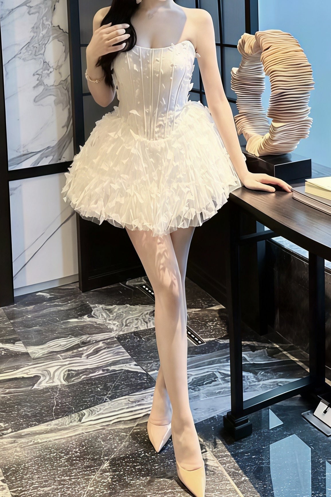 Strapless Corset Butterfly Appliqué Tulle Ruffle Mini Dress
