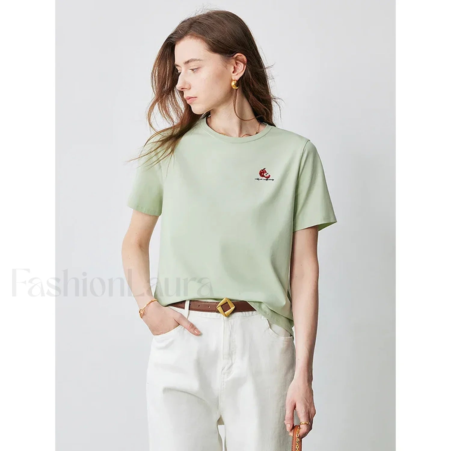 Bead Embroidered Round Cotton T-Shirt