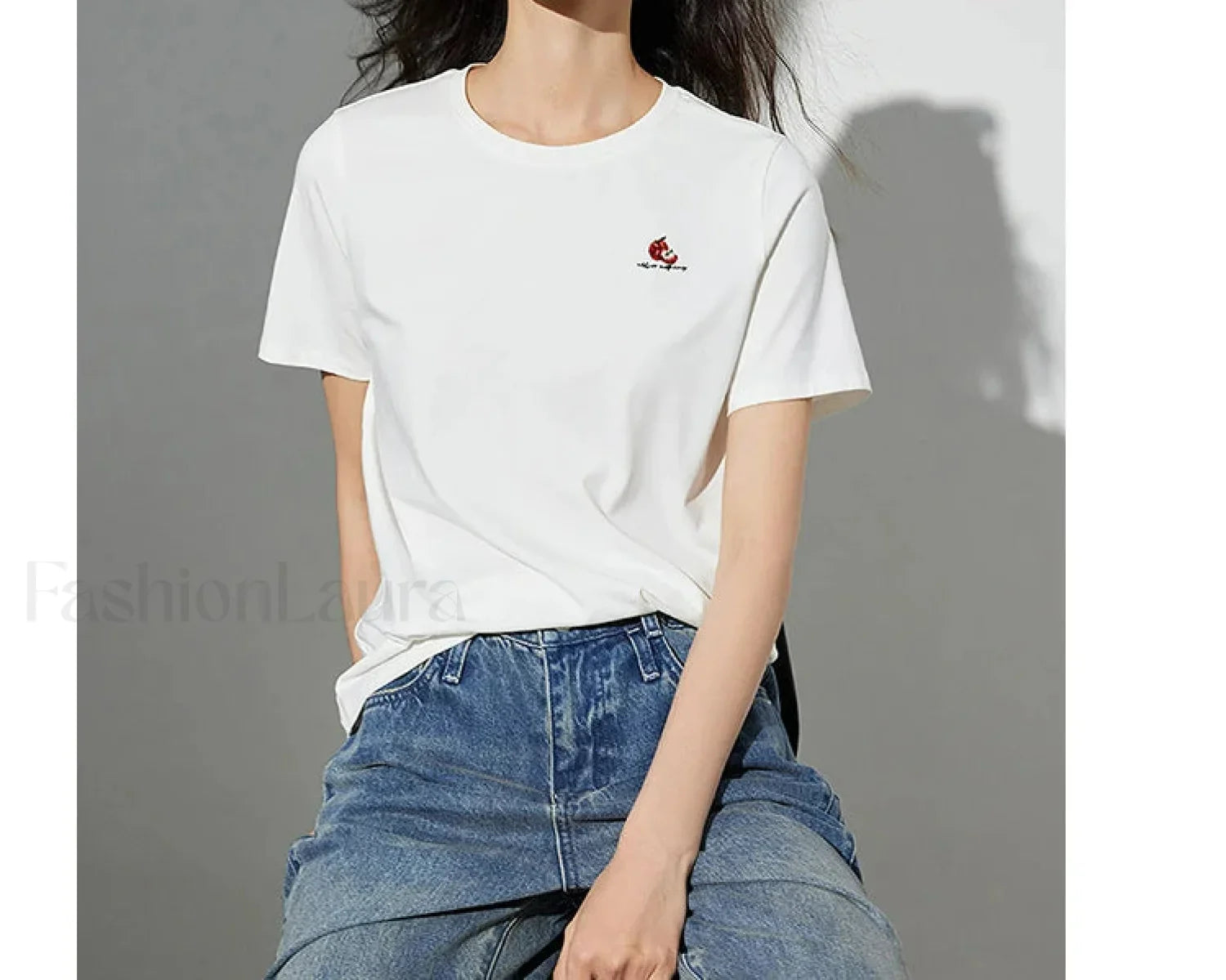 Bead Embroidered Round Cotton T-Shirt