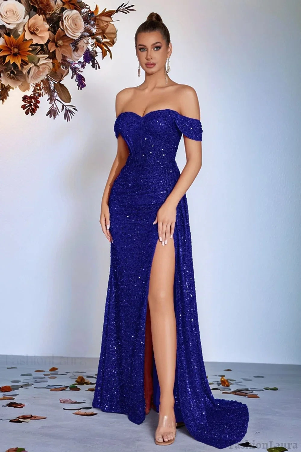 Beaded Bustier High Slit Formal Dress XS / Blue