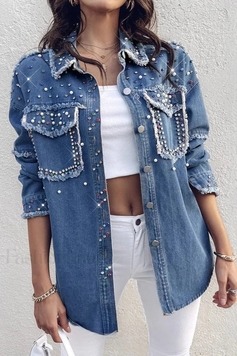 Beaded Contrast Denim Long Sleeve Coat