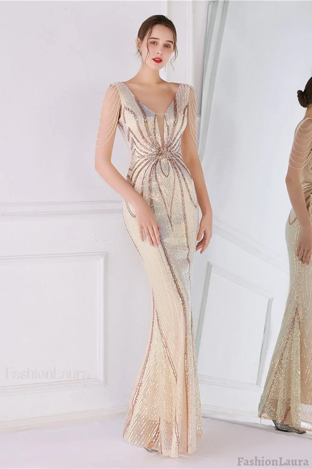 Beaded Floral Sequin Mermaid Party Dress Gold / S