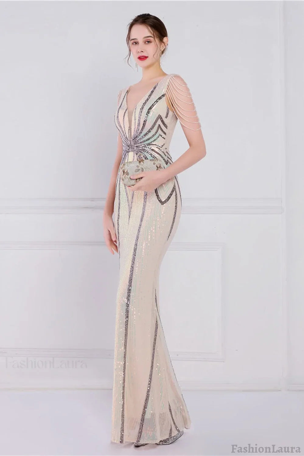 Beaded Floral Sequin Mermaid Party Dress Ivory / S