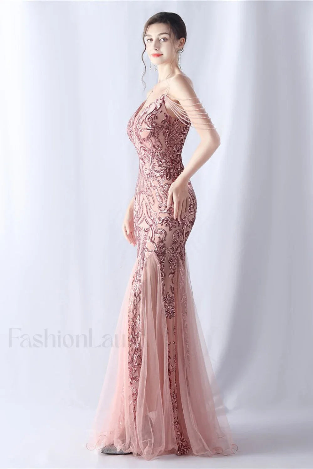 Beaded Mesh Cocktail Maxi Dress