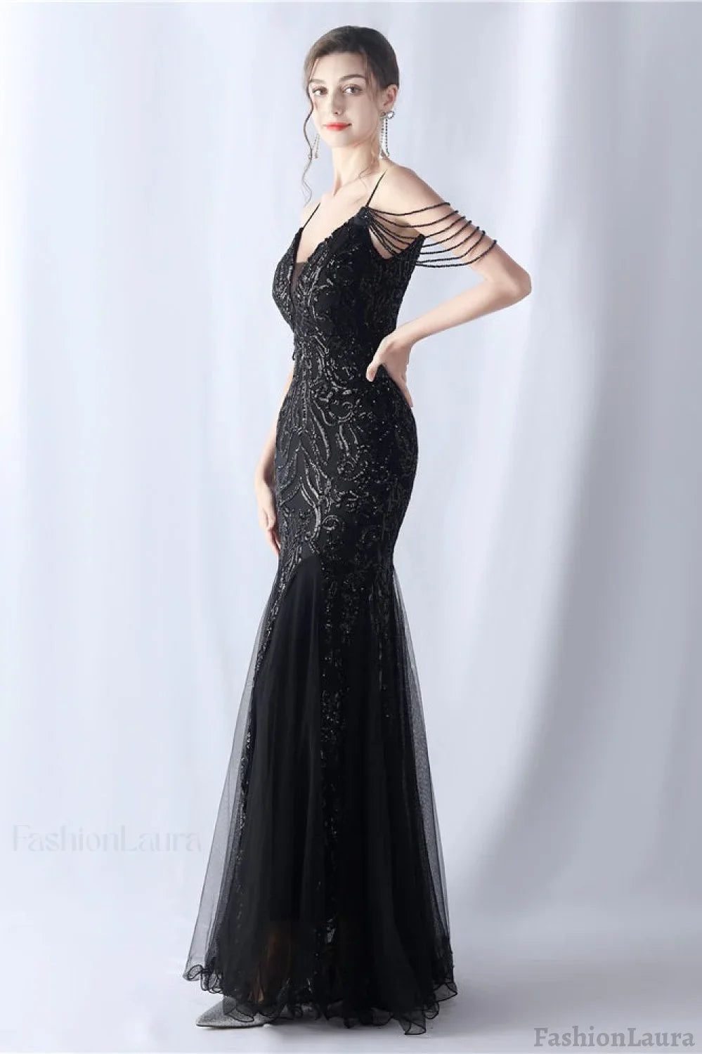 Beaded Mesh Cocktail Maxi Dress