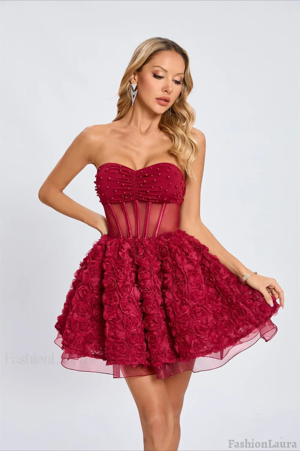 Beaded Strapless Puff Party Dress