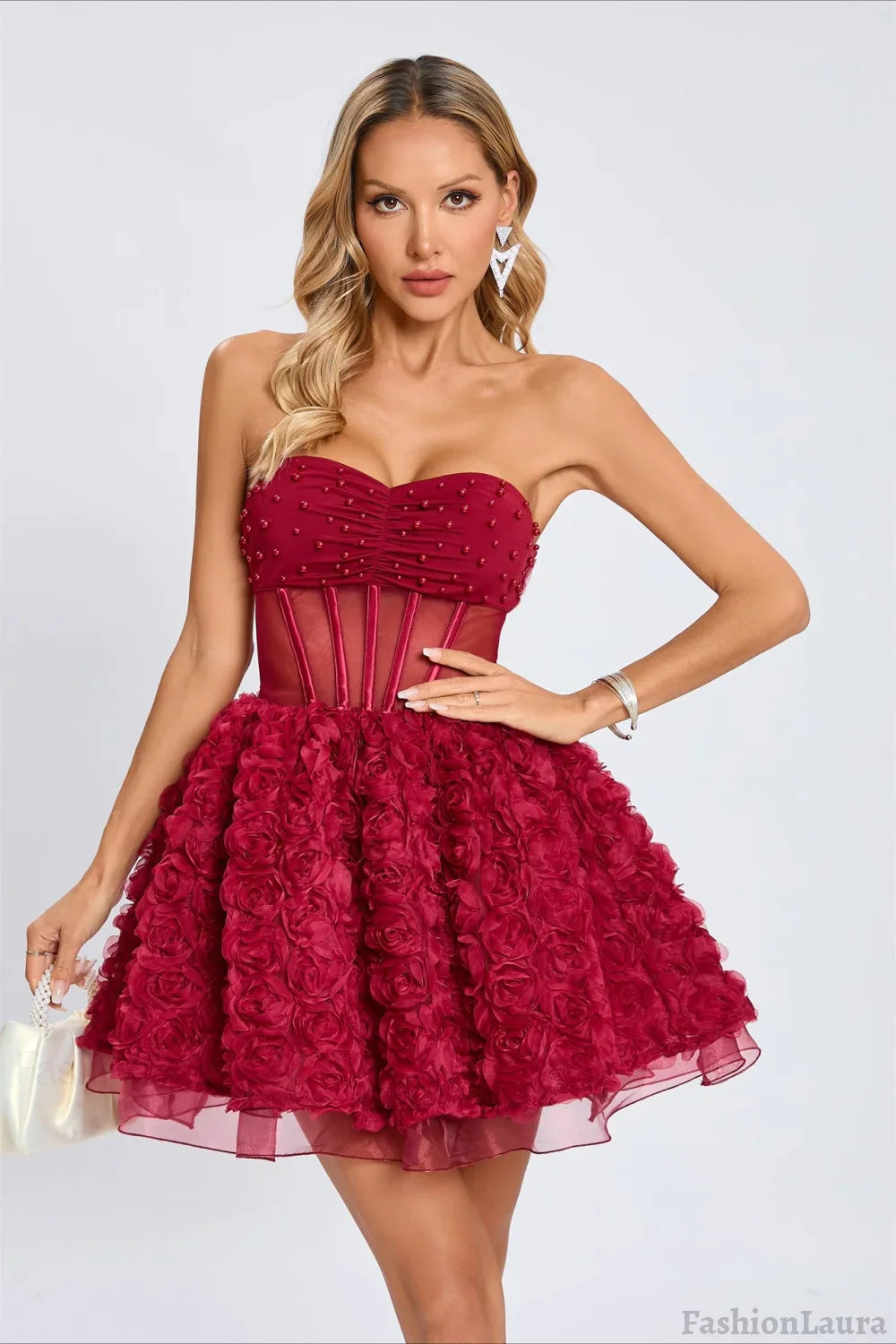 Beaded Strapless Puff Party Dress XS / Red