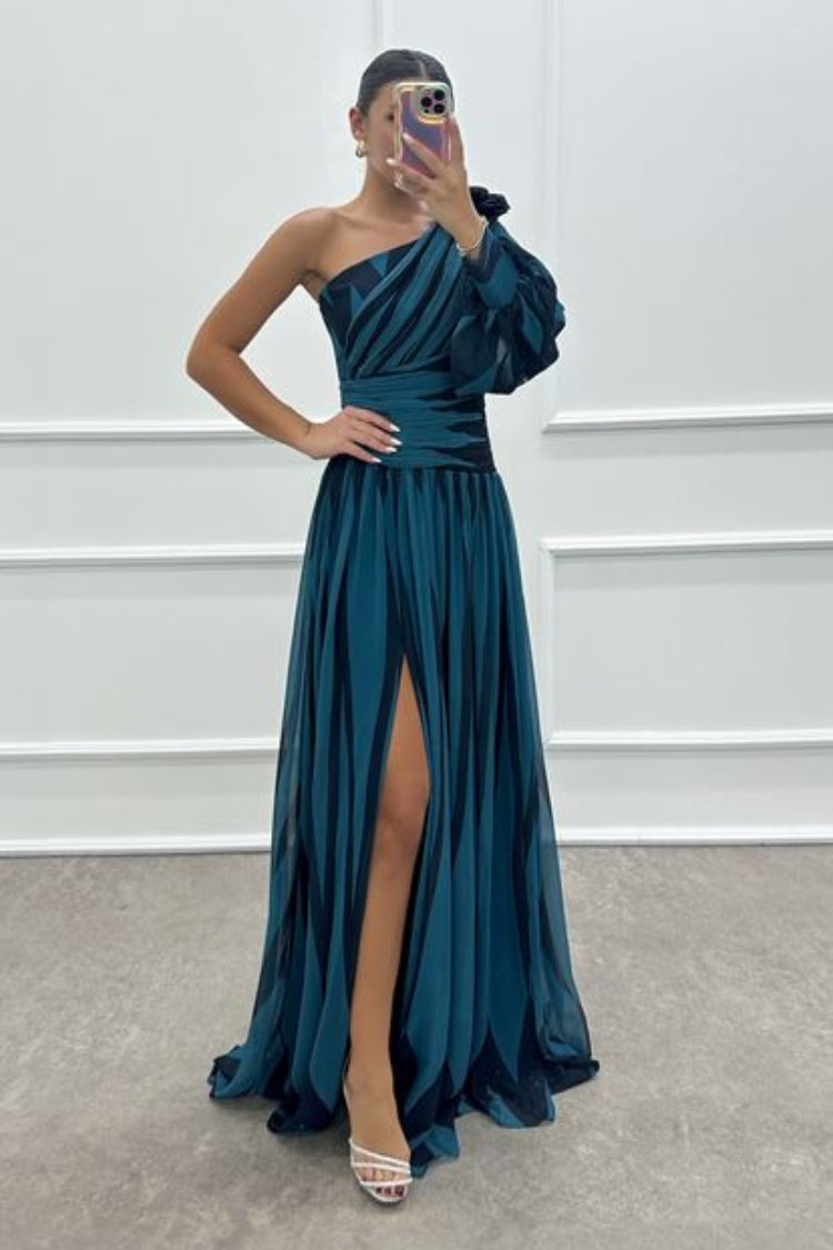 One Shoulder Puff Sleeve Ruched Waist Pleated High Split Maxi Gown