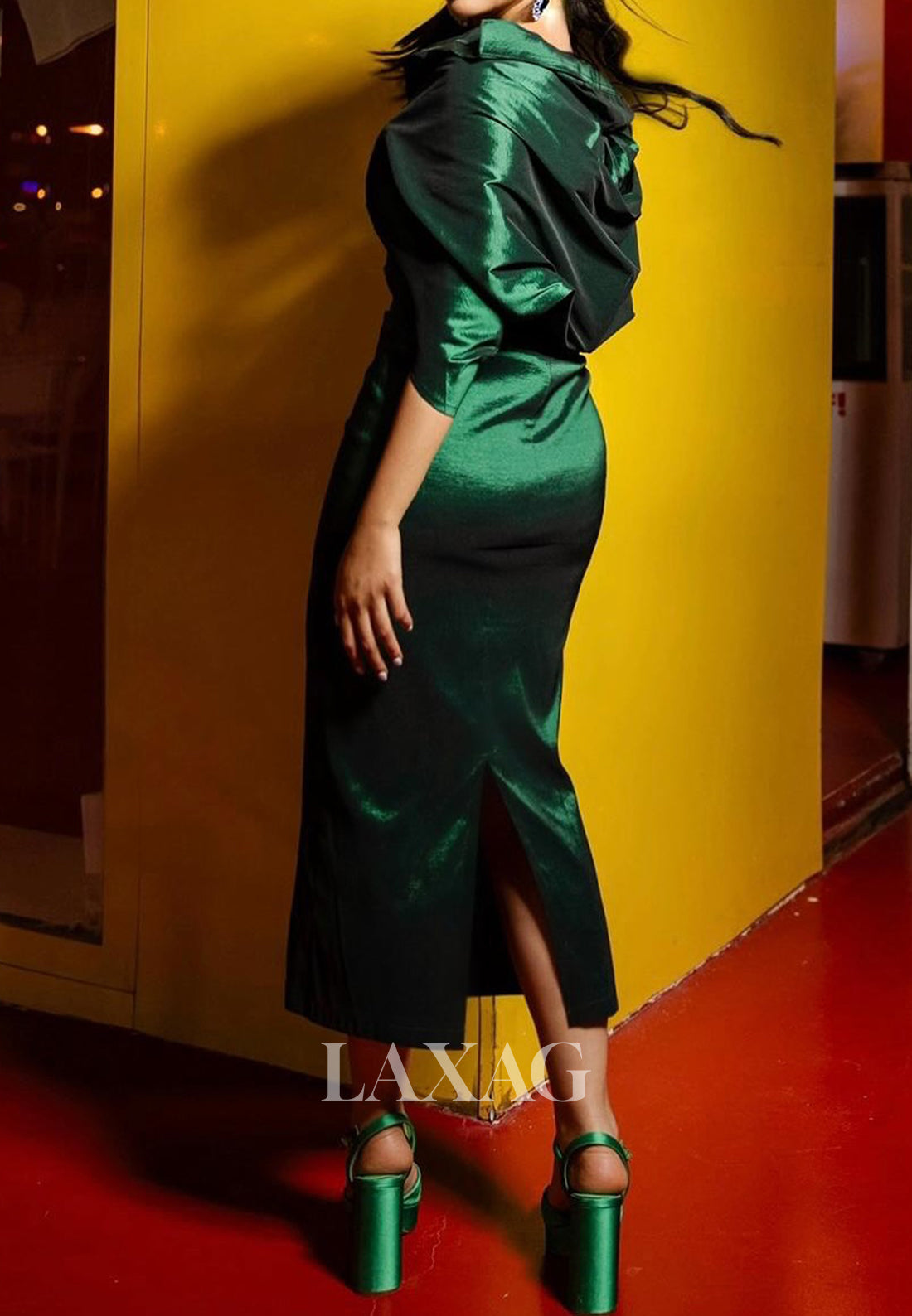 V-Neck Tea-Length Formal Gowns Half-Sleeves Pleated Satin Slit Mermaid Evening Dress