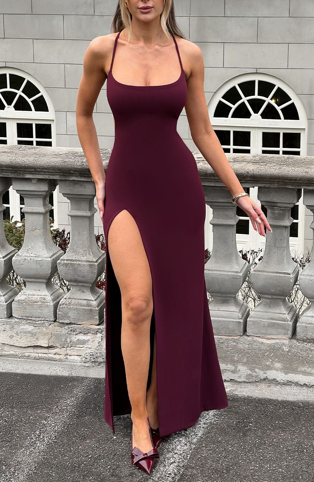 Scoop Neck Cami Strap High Thigh Split Bodycon Maxi Dress