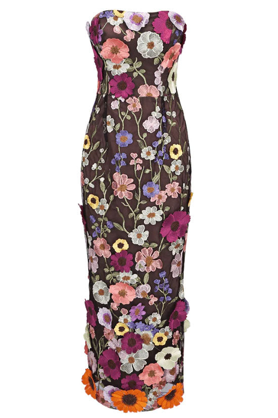 Floral Embroidered Strapless Bodycon Midi Cocktail Dress