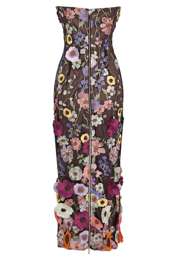 Floral Embroidered Strapless Bodycon Midi Cocktail Dress