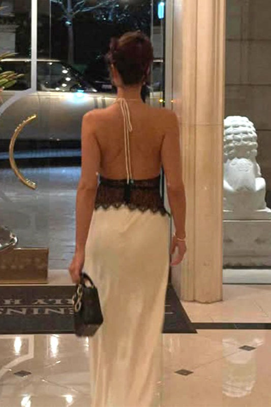 Deep V HighWaist Halter Backless Midi Silk Dress