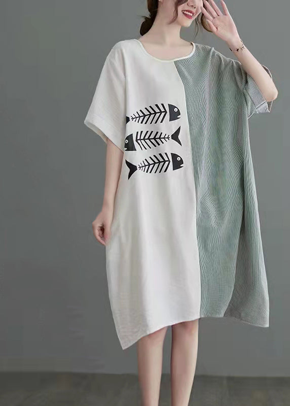 Fish Skeleton Print Color Block Vertical Stripe Short Sleeve Shift Knee Dress