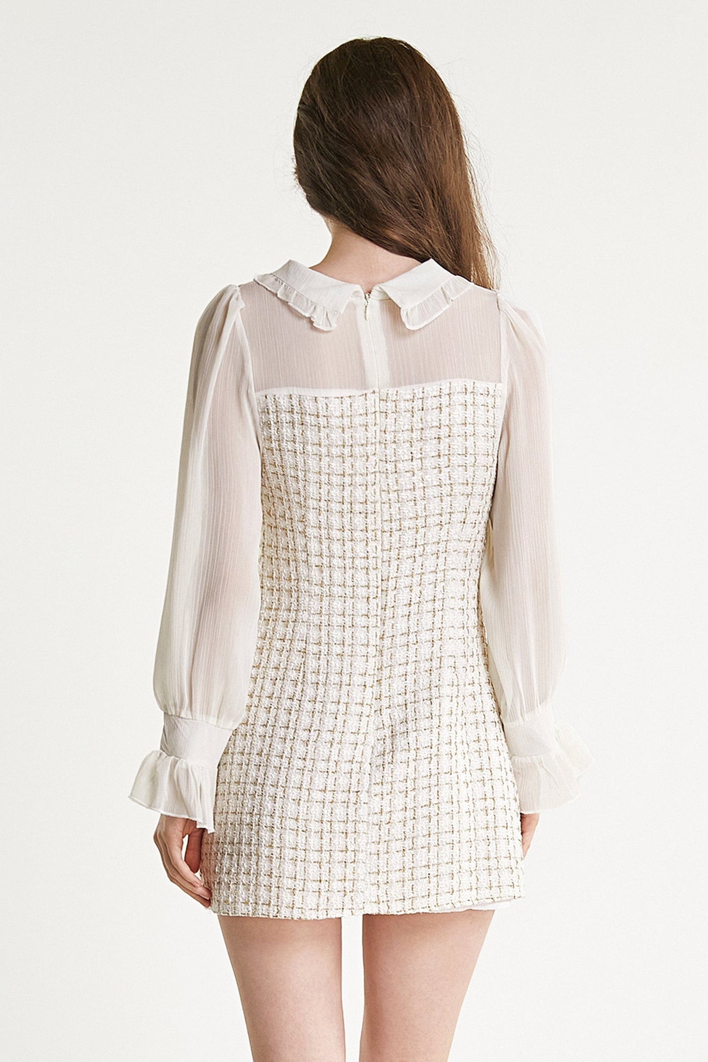 White Mesh Yoke Tweed Mini Dress - View 5