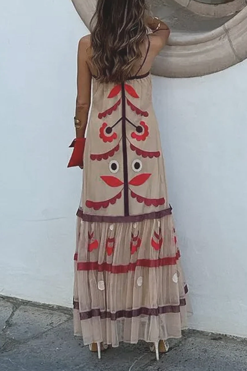 Embroidered Folk Motif Square Neck Spaghetti Strap Tiered Tulle Hem Maxi Dress