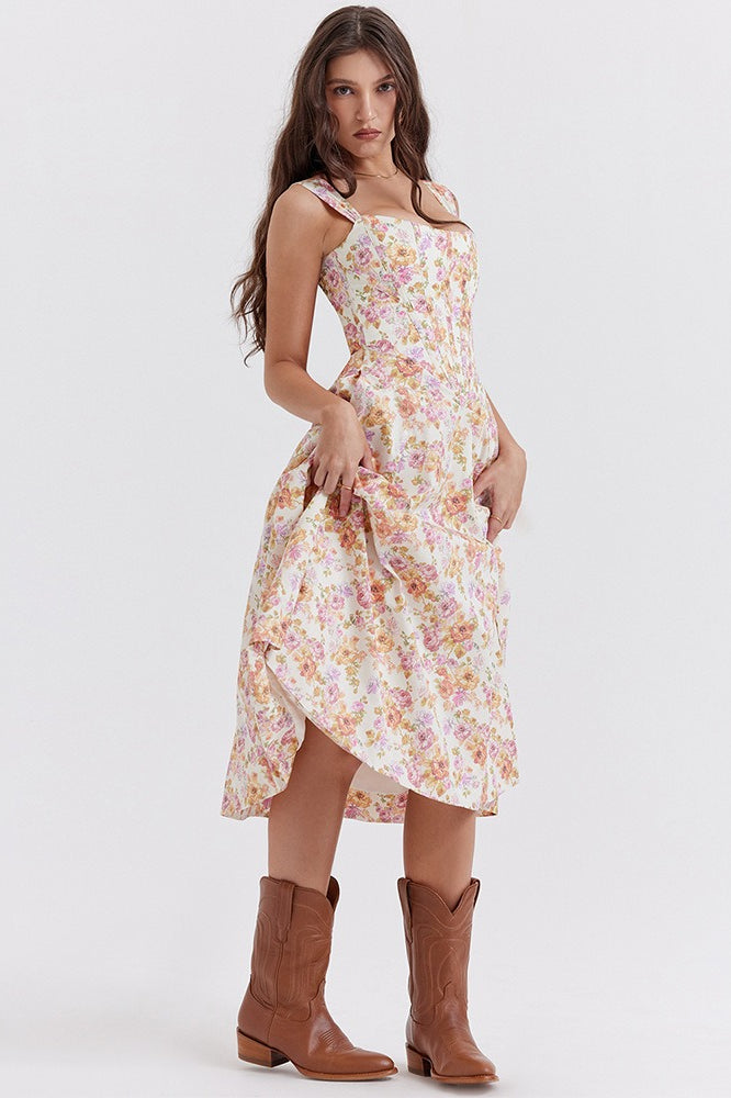 Floral Print Sweetheart Corset A-Line Midi Dress