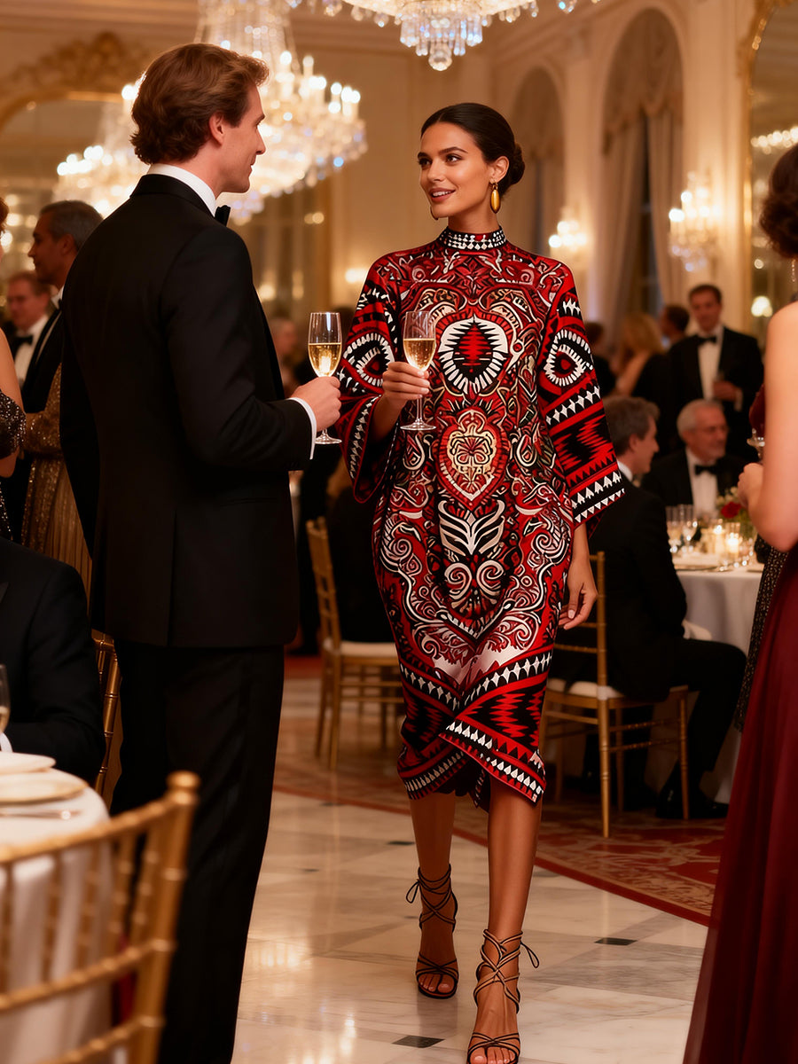 Aztec Print High Neck Long Sleeve Twist Front Midi Dress 2