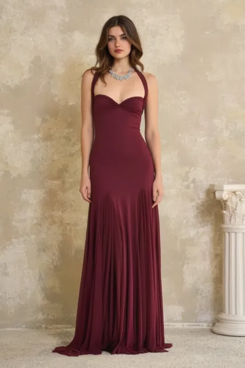 Elegant Halter Bandeau Fitted Backless Floor Length Party Dress