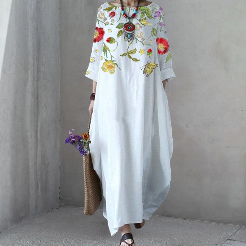 Round Neck Three Quarter Sleeve Oversized Cocoon Maxi Dress