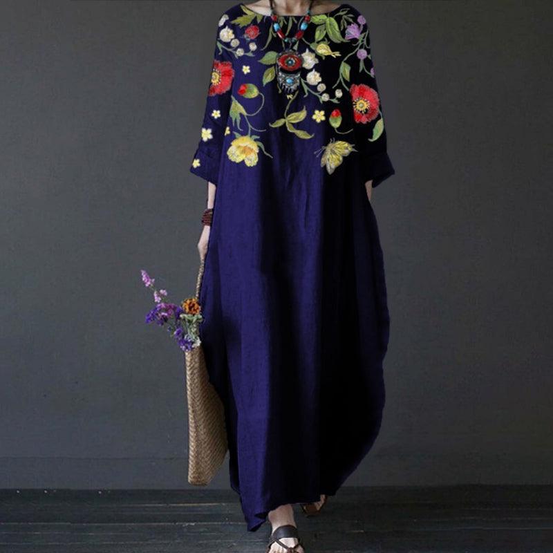 Round Neck Three Quarter Sleeve Oversized Cocoon Maxi Dress