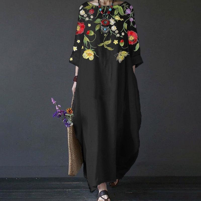 Round Neck Three Quarter Sleeve Oversized Cocoon Maxi Dress