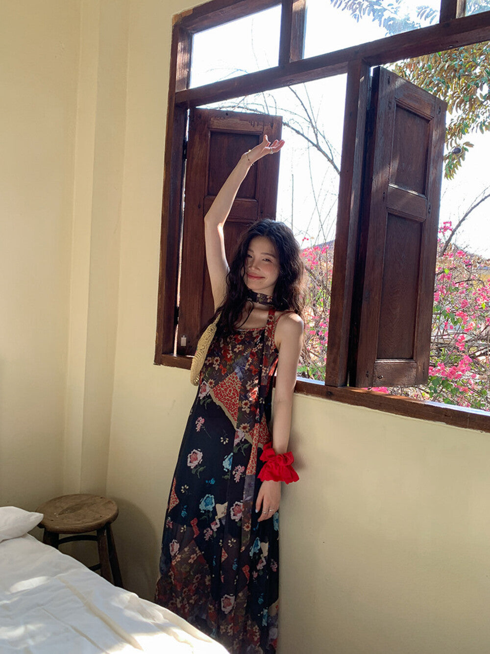 Floral Patchwork Spaghetti Strap Ruffle Maxi Dress 20