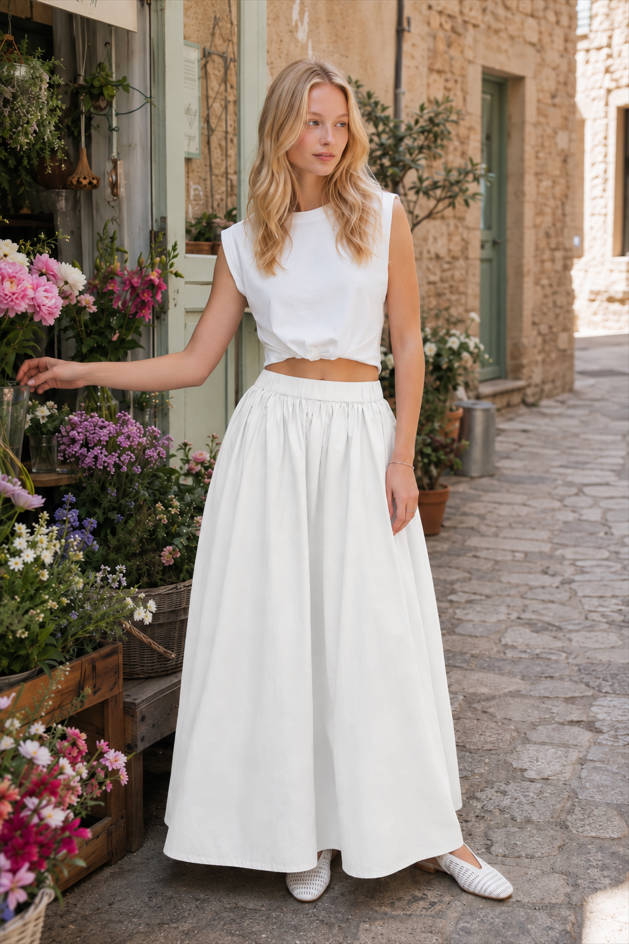 High Waist Elastic Gathered A-Line Flowy Maxi Skirt 3