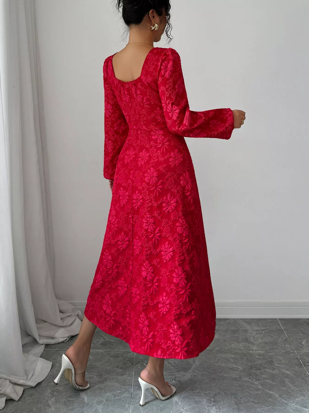 Floral Jacquard Square Neck Balloon Sleeve A-Line Midi Dress 2