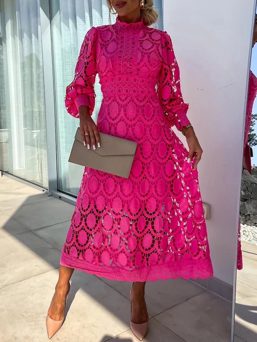 Guipure Lace Oval Cutout Mock Neck Balloon Sleeve Waistband A-Line Midi Dress
