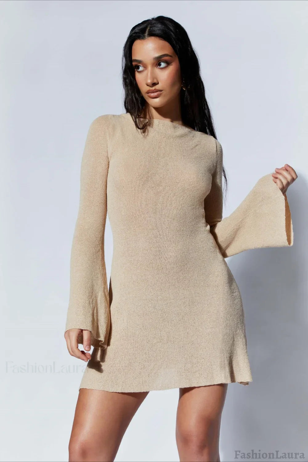 Bell Sleeve Knit Sweater Dress S / Apricot