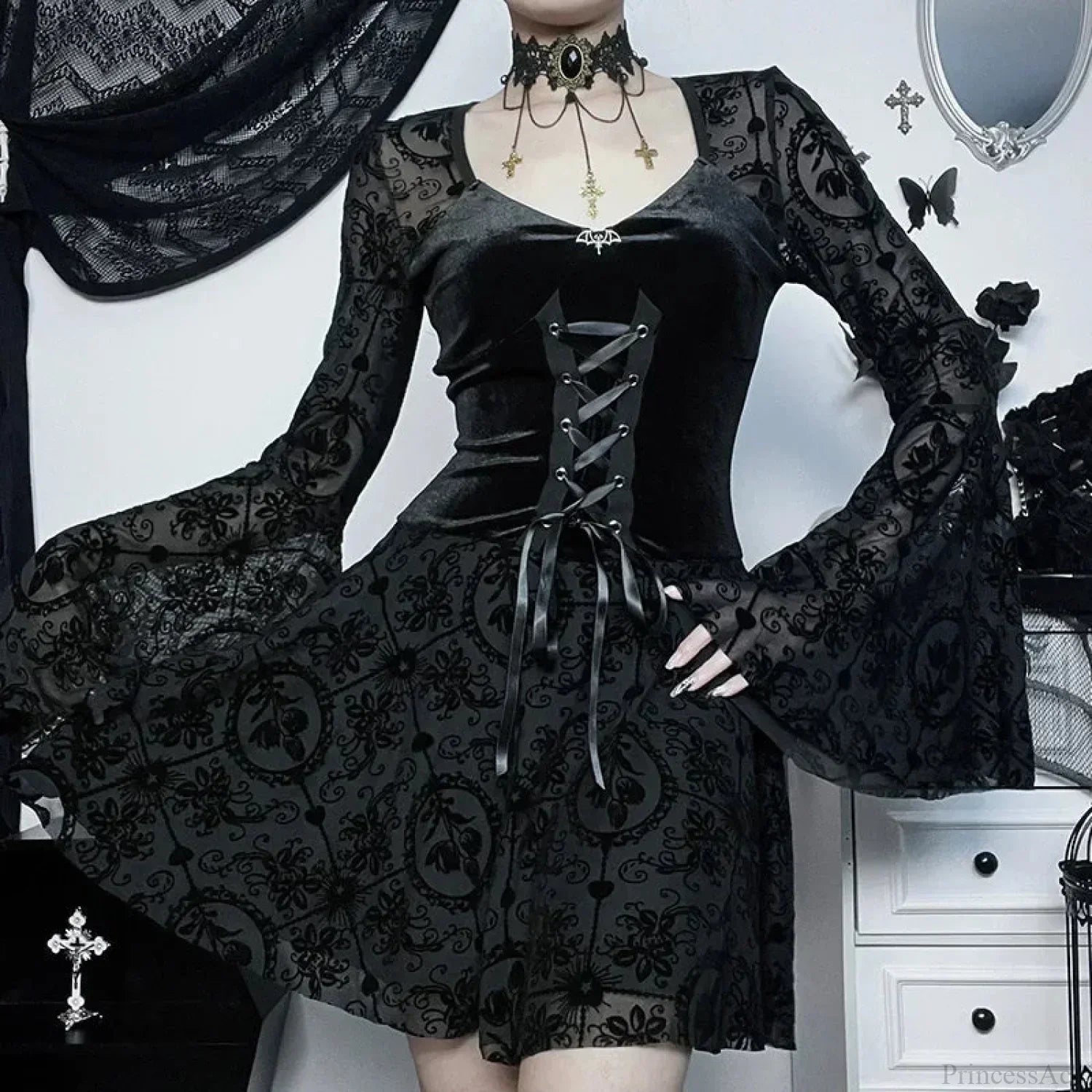 Bell Sleeve Mesh Mini Dress - View 3