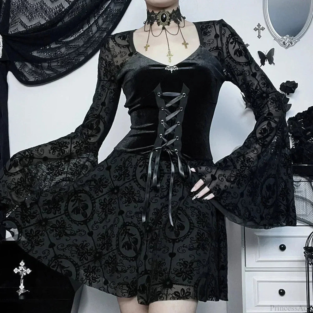 Velvet Lace Up Front Flocked Mesh Bell Sleeve Gothic Mini Dress 3