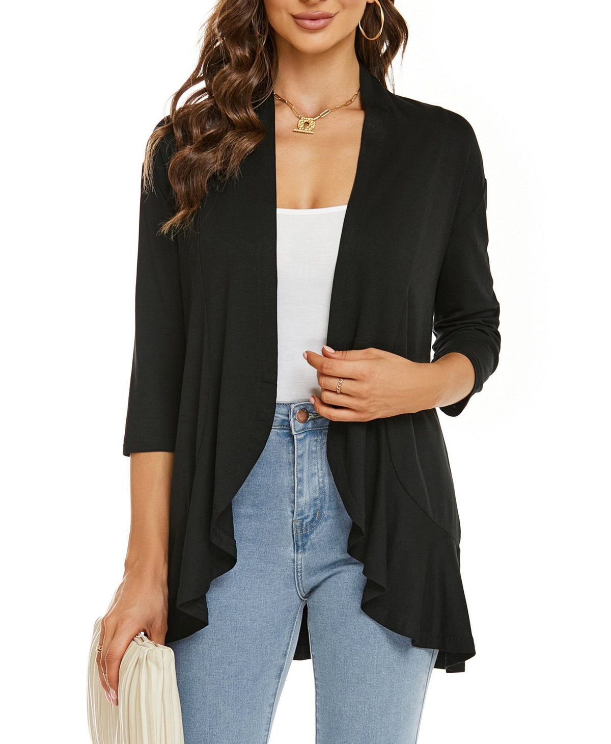 Open Front Draped Ruffle Hem Cardigan