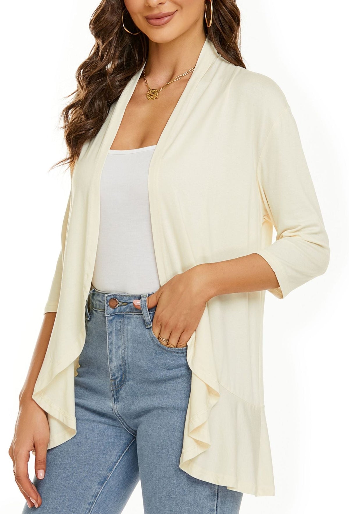 Open Front Draped Ruffle Hem Cardigan