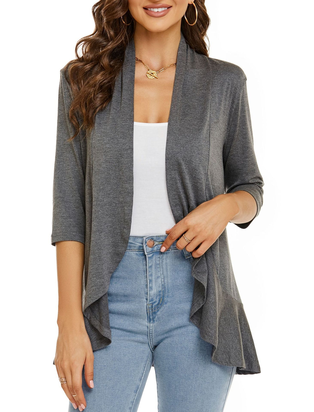 Open Front Draped Ruffle Hem Cardigan